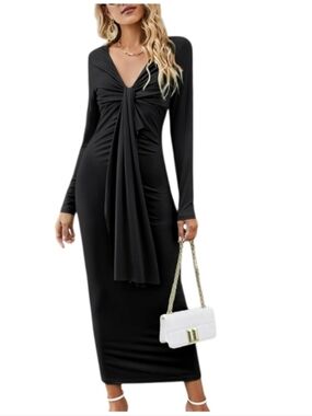 Gianni Bini Black Crepe Plunging Neckline Long Sleeve Midi Cocktail Dress XS